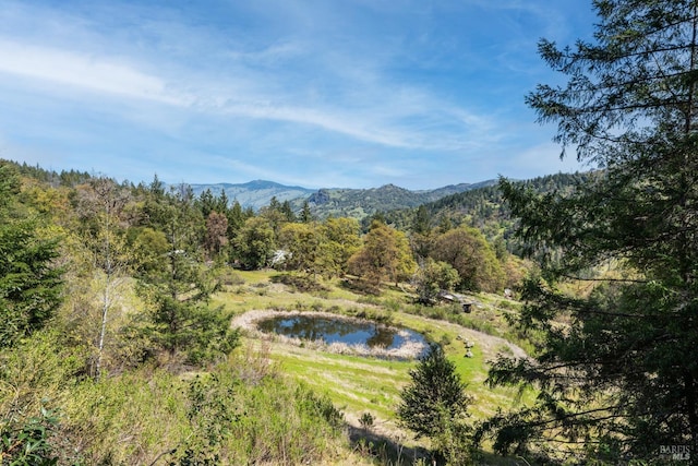 exterior space with a forest view and a water view