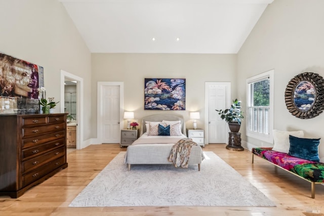 999 Pratt Ave, Saint Helena, CA 94574 - bedroom featuring light wood-type flooring, baseboards, and high vaulted ceiling