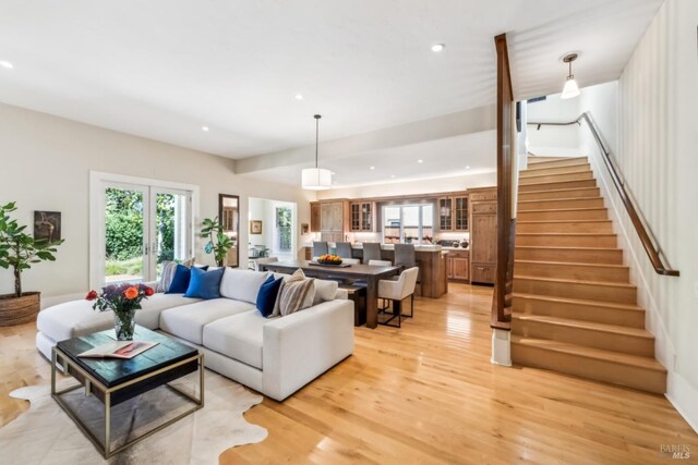 999 Pratt Ave, Saint Helena, CA 94574 - living area with recessed lighting, light wood finished floors, and stairway