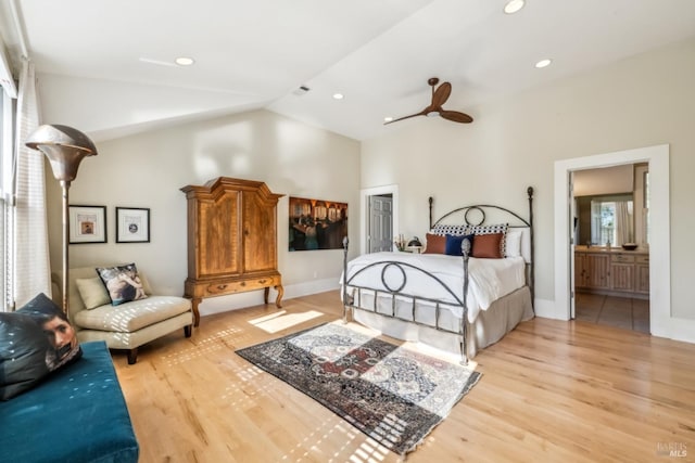 999 Pratt Ave, Saint Helena, CA 94574 - bedroom featuring recessed lighting, ensuite bath, visible vents, high vaulted ceiling, and light wood finished floors