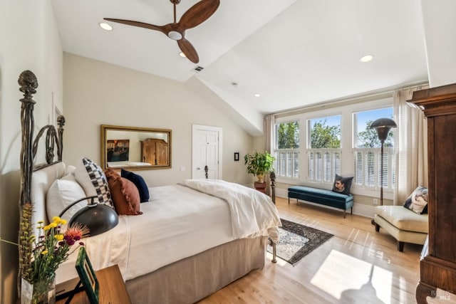 999 Pratt Ave, Saint Helena, CA 94574 - bedroom with ceiling fan, light wood-type flooring, visible vents, recessed lighting, and lofted ceiling