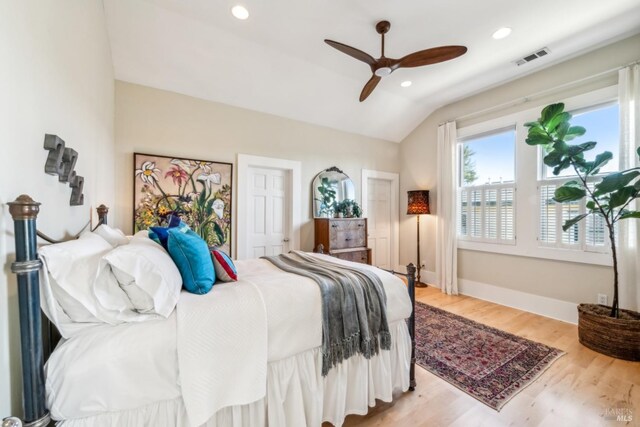 999 Pratt Ave, Saint Helena, CA 94574 - bedroom with visible vents, baseboards, light wood-type flooring, recessed lighting, and lofted ceiling