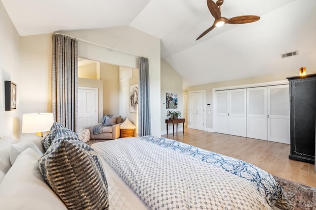 999 Pratt Ave, Saint Helena, CA 94574 - bedroom featuring visible vents, a ceiling fan, multiple closets, wood finished floors, and high vaulted ceiling