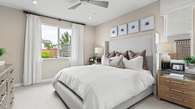 3916 Valance Way, Rancho Cordova, CA 95742 - bedroom with light carpet, baseboards, recessed lighting, and a ceiling fan