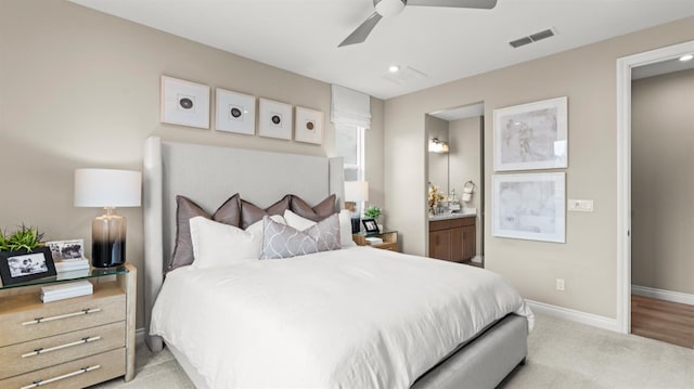 3916 Valance Way, Rancho Cordova, CA 95742 - bedroom with connected bathroom, light carpet, recessed lighting, baseboards, and ceiling fan