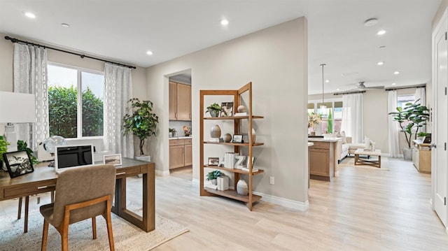 3916 Valance Way, Rancho Cordova, CA 95742 - office area featuring plenty of natural light, light wood-style floors, recessed lighting, baseboards, and a ceiling fan