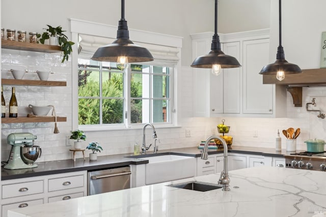 9123 Red Hill Ct, Cotati, CA 94931 - kitchen with open shelves, decorative backsplash, white cabinetry, dark stone countertops, and dishwasher