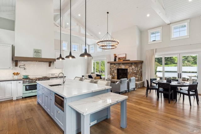 9123 Red Hill Ct, Cotati, CA 94931 - kitchen with stainless steel appliances, high vaulted ceiling, hardwood / wood-style flooring, white cabinetry, and tasteful backsplash