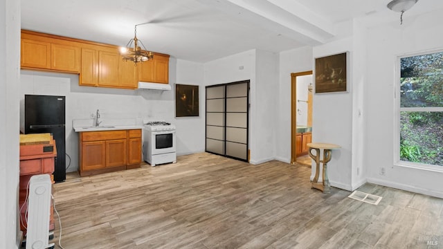 kitchen with a wealth of natural light, a sink, freestanding refrigerator, and gas range gas stove