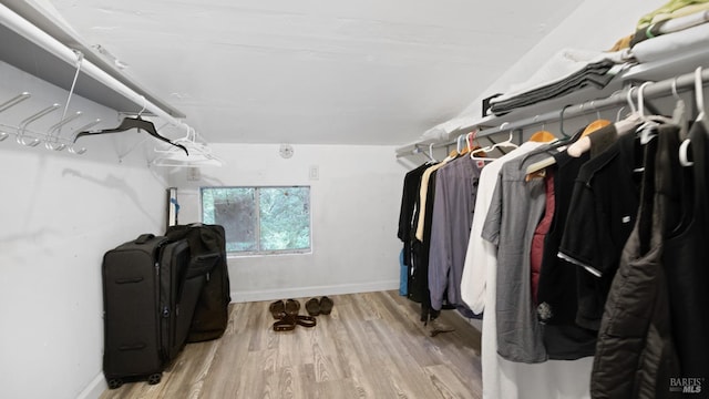 walk in closet with wood finished floors
