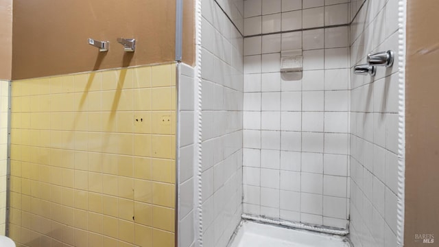 bathroom featuring a wainscoted wall and a stall shower