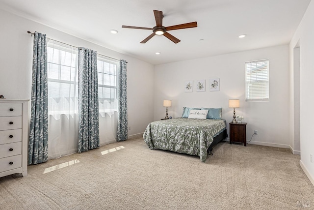 bedroom featuring baseboards, a ceiling fan, carpet, and recessed lighting
