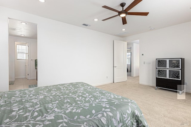 carpeted bedroom with recessed lighting, baseboards, visible vents, and a ceiling fan