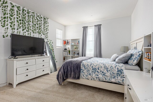 bedroom with light colored carpet