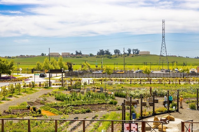 view of yard with fence, a garden, and a rural view