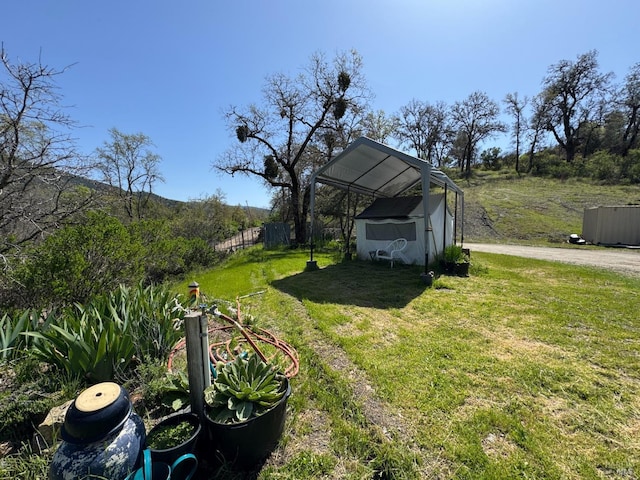 view of yard featuring a shed, an outdoor structure, and fence