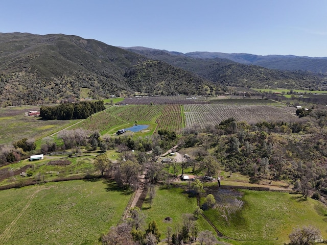 bird's eye view featuring a rural view and a mountain view