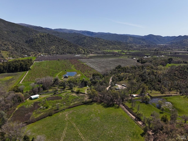 birds eye view of property featuring a rural view and a mountain view