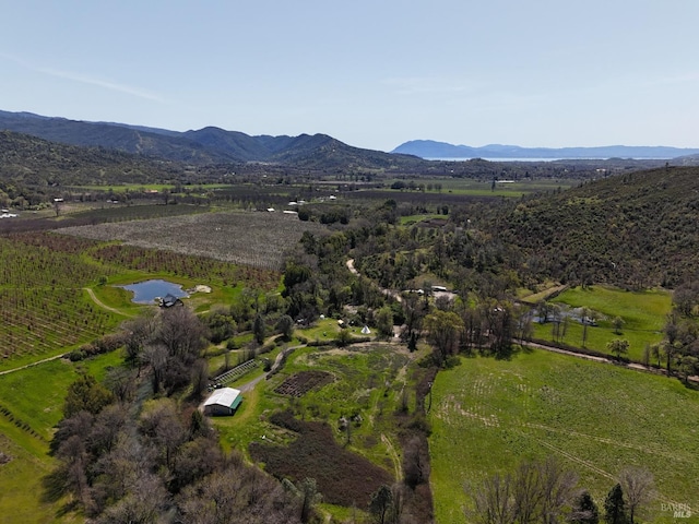 bird's eye view featuring a water and mountain view and a rural view