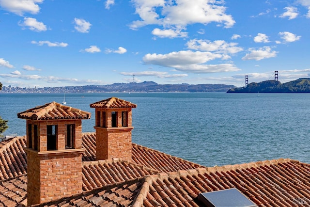 exterior space with a water and mountain view