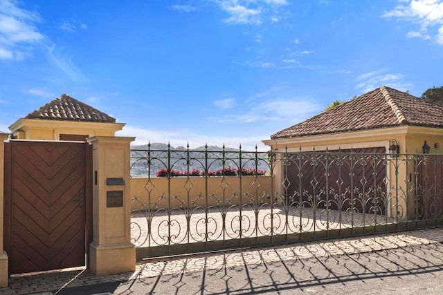 view of gate with a fenced front yard