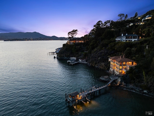 water view with a boat dock and a mountain view
