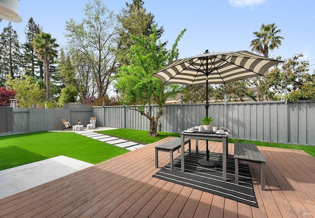 wooden terrace with a fenced backyard and a lawn