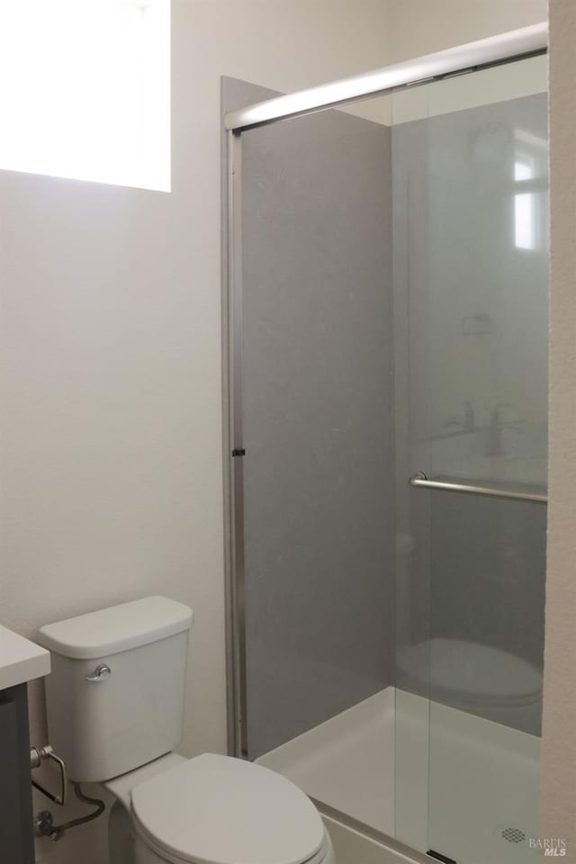 full bath with toilet, a stall shower, and vanity