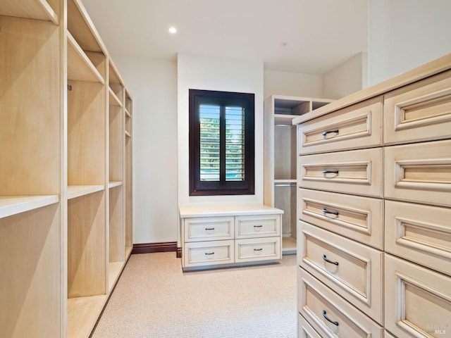spacious closet featuring light carpet