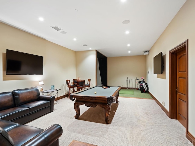 game room with pool table, carpet, visible vents, recessed lighting, and baseboards
