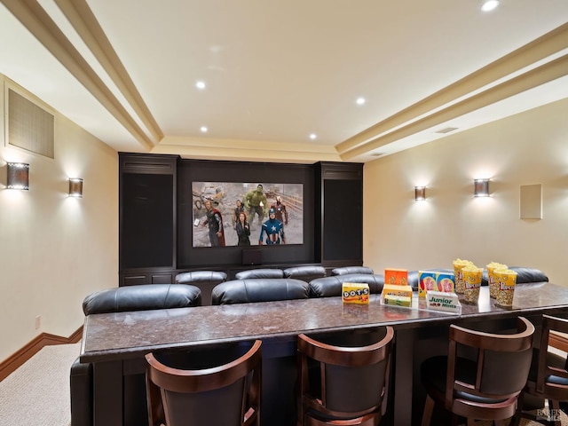 cinema with a raised ceiling, baseboards, visible vents, and recessed lighting
