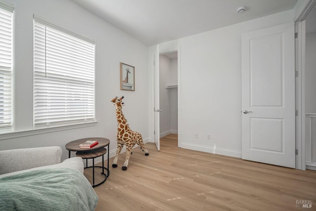 bedroom featuring a spacious closet, light wood finished floors, multiple windows, and baseboards