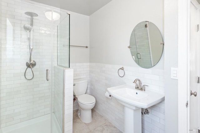 16 Adeline Way, Healdsburg, CA 95448 - bathroom with a stall shower, tile patterned floors, toilet, wainscoting, and tile walls