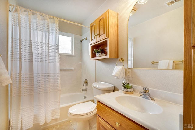 1811 Pacifica Ct, Benicia, CA 94510 - bathroom with vanity, tile patterned floors, shower / bath combination with curtain, toilet, and visible vents