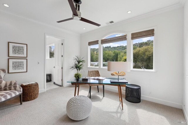 office space featuring crown molding, visible vents, a wealth of natural light, and light carpet