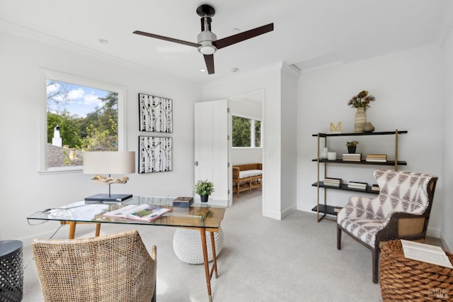 home office featuring ornamental molding, ceiling fan, carpet flooring, and baseboards