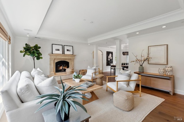 living room featuring a premium fireplace, a tray ceiling, crown molding, and wood finished floors