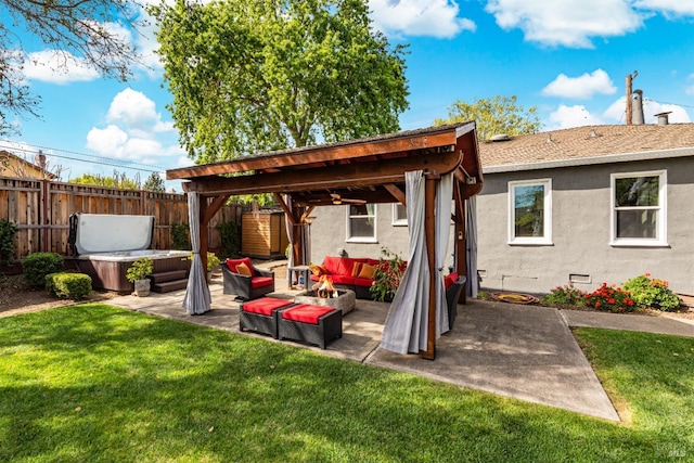 1595 Cinnamond St, Napa, CA 94559 - fenced backyard featuring a hot tub, an outdoor living space, a patio area, and a gazebo