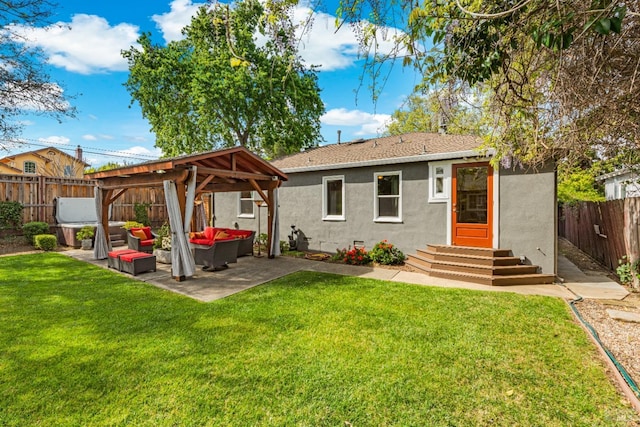 1595 Cinnamond St, Napa, CA 94559 - back of house featuring an outdoor living space, stucco siding, a fenced backyard, entry steps, and a gazebo