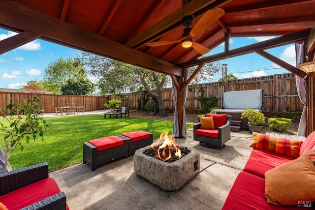 1595 Cinnamond St, Napa, CA 94559 - fenced backyard featuring an outdoor living space with a fire pit, a patio, and a ceiling fan