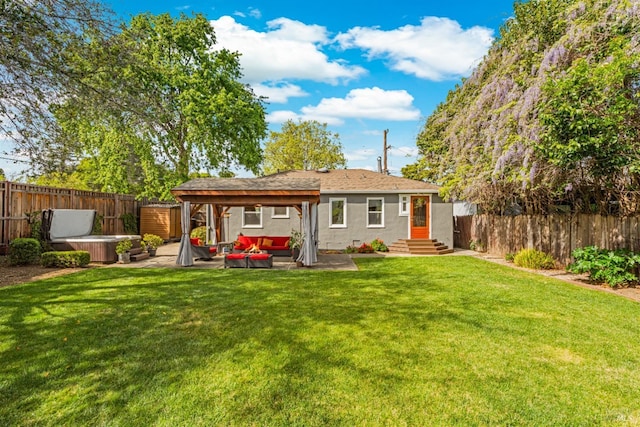 1595 Cinnamond St, Napa, CA 94559 - back of property with an outdoor hangout area, a fenced backyard, a hot tub, and a patio