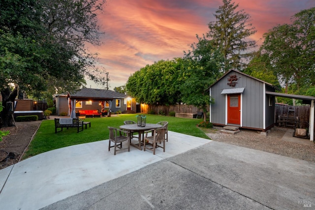 1595 Cinnamond St, Napa, CA 94559 - fenced backyard with an outbuilding, entry steps, a patio area, and outdoor lounge area