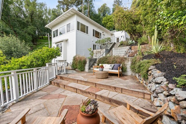 294 Scenic Rd, Fairfax, CA 94930 - view of patio / terrace featuring an outdoor hangout area and stairs