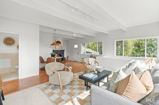 294 Scenic Rd, Fairfax, CA 94930 - living area featuring track lighting, light wood-style flooring, a fireplace, beamed ceiling, and baseboards