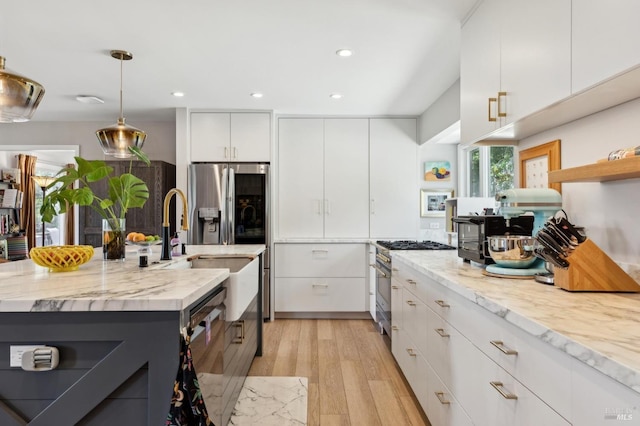 299 Via Barranca, Greenbrae, CA 94904 - kitchen featuring modern cabinets, white cabinetry, open shelves, stainless steel stove, and light wood finished floors