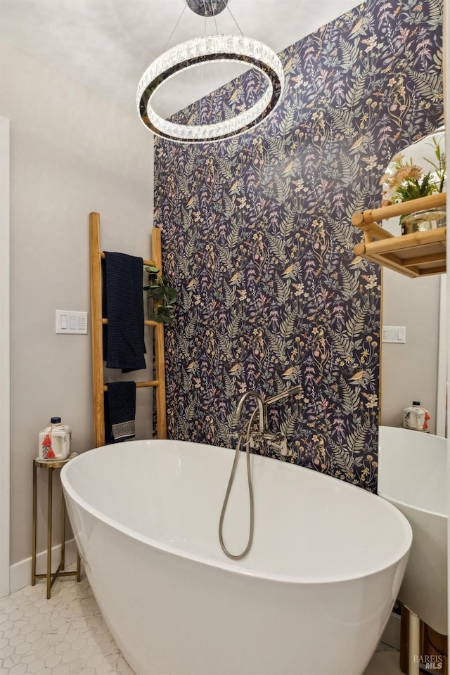 299 Via Barranca, Greenbrae, CA 94904 - full bathroom with a freestanding tub and wallpapered walls