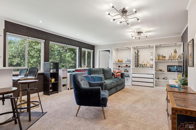 299 Via Barranca, Greenbrae, CA 94904 - living room featuring a wealth of natural light, carpet, and a notable chandelier