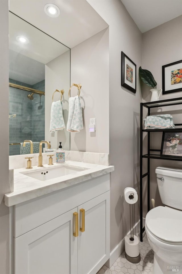 299 Via Barranca, Greenbrae, CA 94904 - full bathroom with toilet, recessed lighting, vanity, tiled shower, and tile patterned flooring