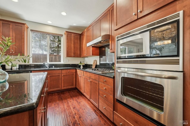 kitchen with appliances with stainless steel finishes, under cabinet range hood, dark stone counters, dark wood finished floors, and a sink