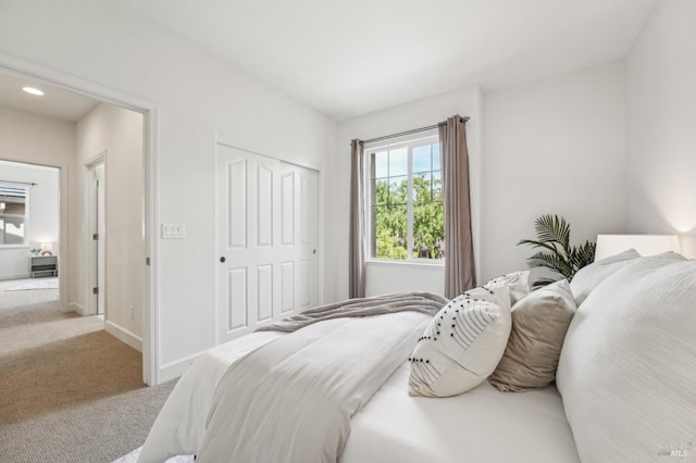 bedroom with light carpet, a closet, baseboards, and multiple windows